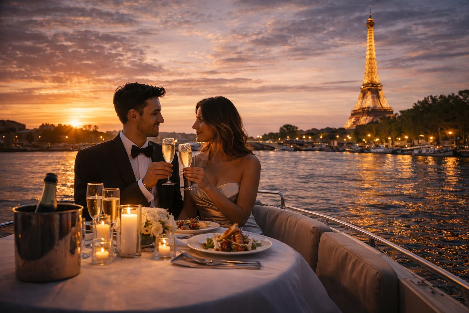 Couple romantic dinner on yacht at sunset with Eiffel Tower view - Paris luxury concierge service