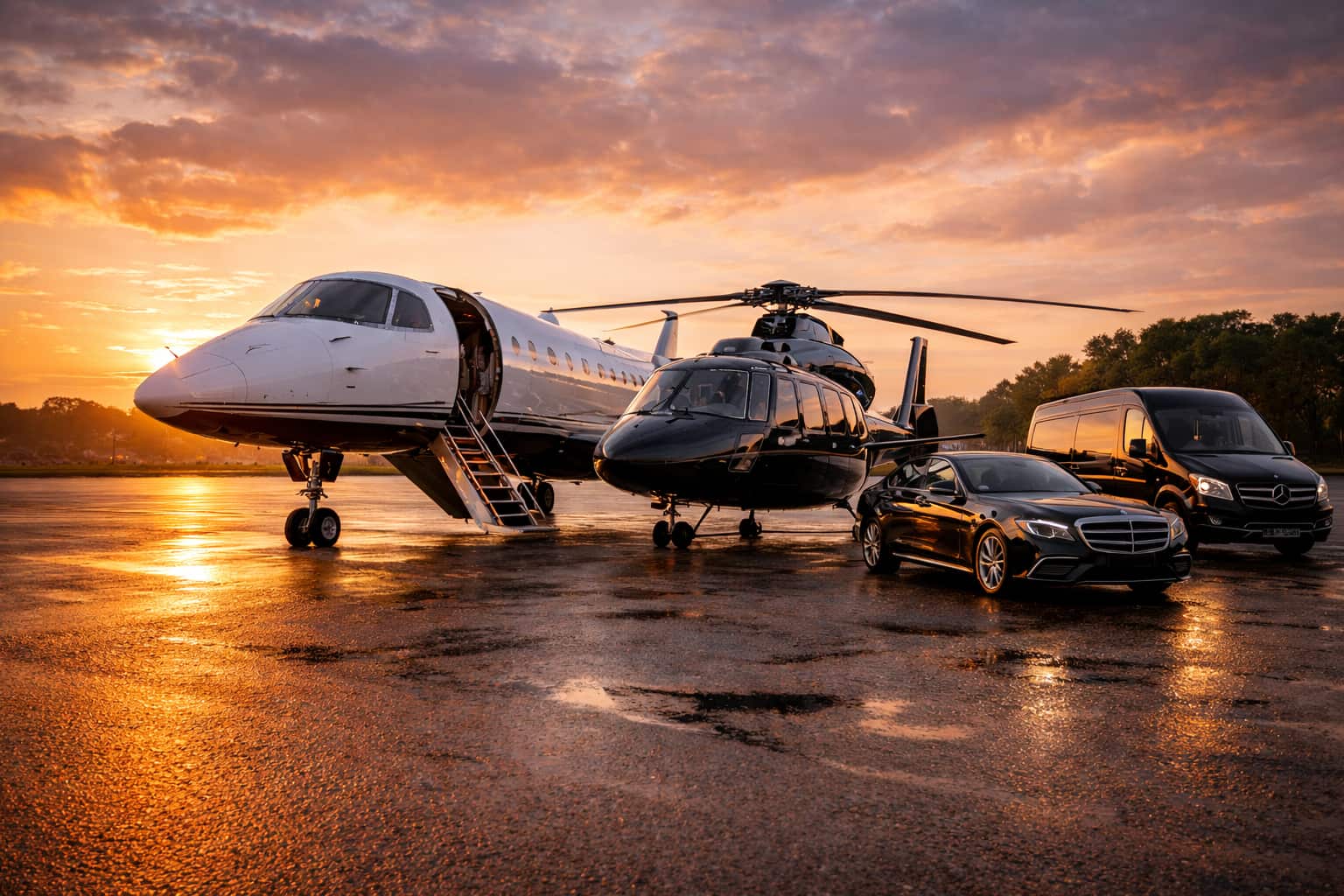 Private jet and helicopter on tarmac with Mercedes S-Class and premium van - Paris VIP concierge service
