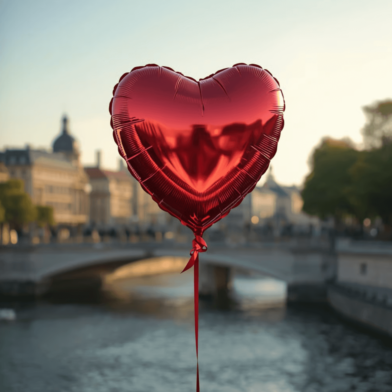 Red Love Lock Balloon floating over Paris
